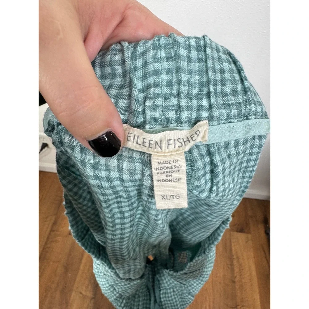 Eileen Fisher Green Gingham 100% Organic Linen Drawstring Shorts Womens XL